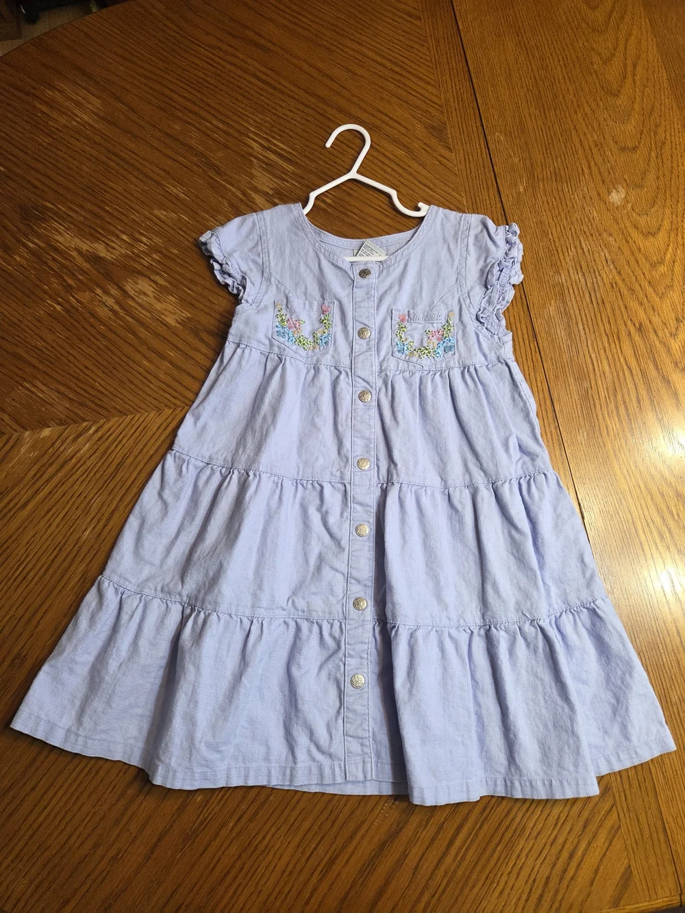 Girls Light Lavender Tiered Button-Front Dress with Embroidery